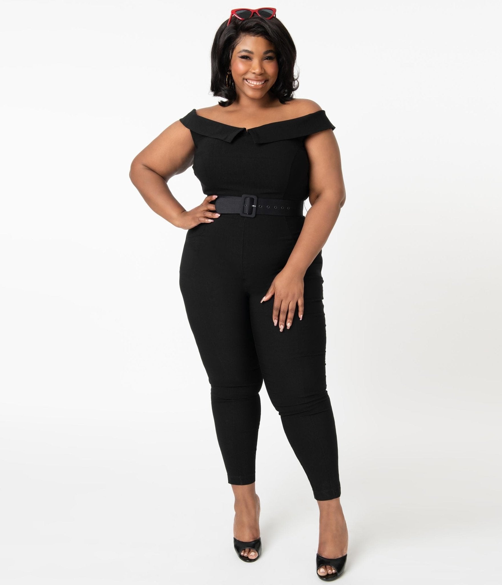 Unique Vintage Plus Size 1950s Black Off Shoulder Gillian Jumpsuit - Unique Vintage - Womens, BOTTOMS, ROMPERS AND JUMPSUITS