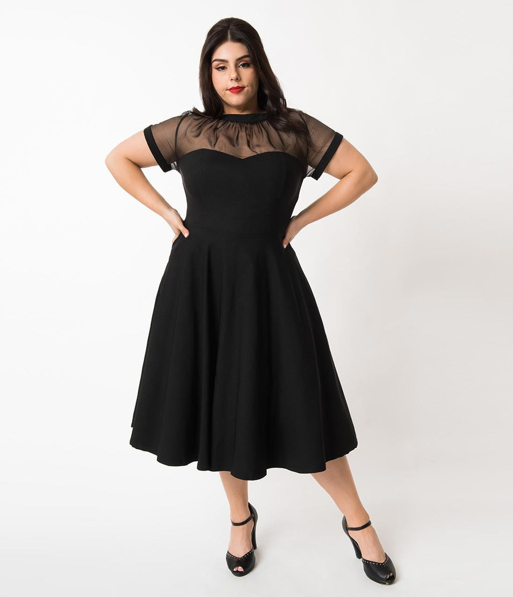 Unique Vintage Plus Size 1950s Black Sheer Bodice Shirelle Swing Dress Unique Vintage Plus Size 1950s Black Sheer Bodice Shirelle Swing Dress