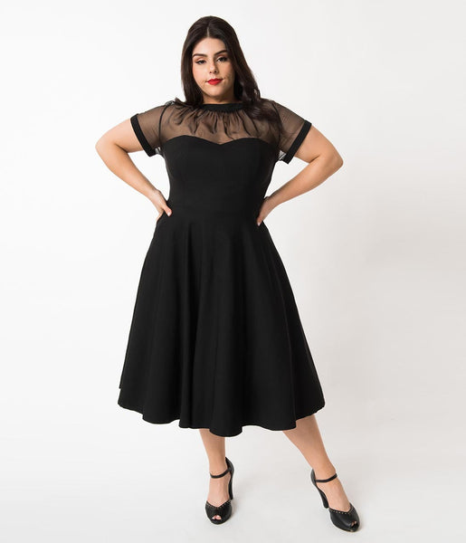 Unique Vintage Plus Size 1950s Black Sheer Bodice Shirelle Swing Dress Unique Vintage Plus Size 1950s Black Sheer Bodice Shirelle Swing Dress