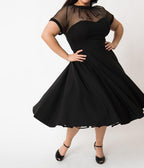 Unique Vintage Plus Size 1950s Black Sheer Bodice Shirelle Swing Dress - Unique Vintage - Womens, DRESSES, PROM AND SPECIAL OCCASION