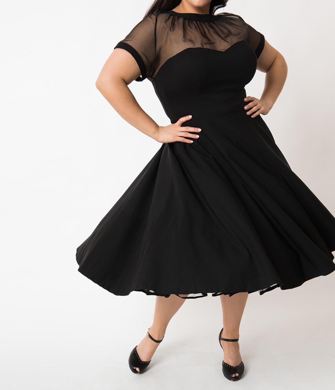 Unique Vintage Plus Size 1950s Black Sheer Bodice Shirelle Swing Dress - Unique Vintage - Womens, DRESSES, PROM AND SPECIAL OCCASION