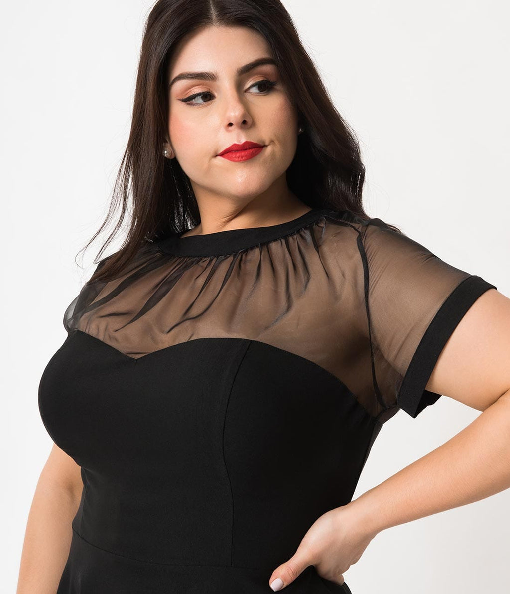 Unique Vintage Plus Size 1950s Black Sheer Bodice Shirelle Swing Dress Unique Vintage Plus Size 1950s Black Sheer Bodice Shirelle Swing Dress