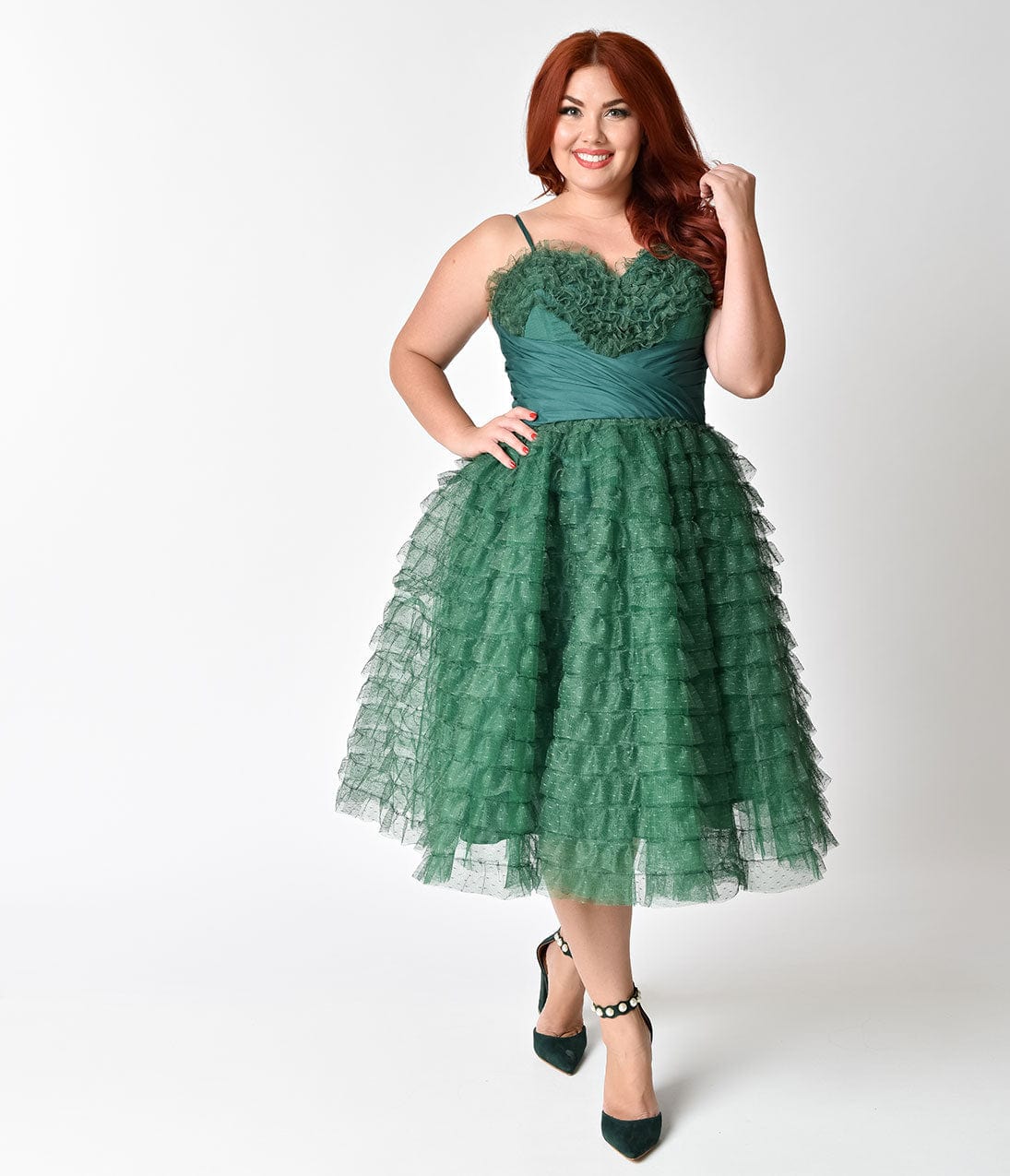 Unique Vintage Plus Size 1950s Emerald Green Ruffled Tulle Sweetheart Cupcake Swing Dress - Unique Vintage - Womens, DRESSES, PROM AND SPECIAL OCCASION