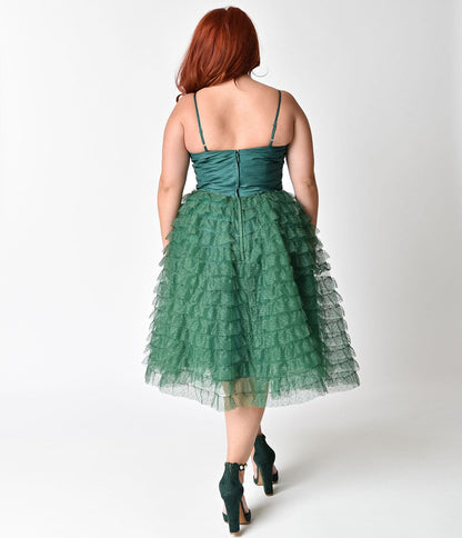 Unique Vintage Plus Size 1950s Emerald Green Ruffled Tulle Sweetheart Cupcake Swing Dress - Unique Vintage - Womens, DRESSES, PROM AND SPECIAL OCCASION