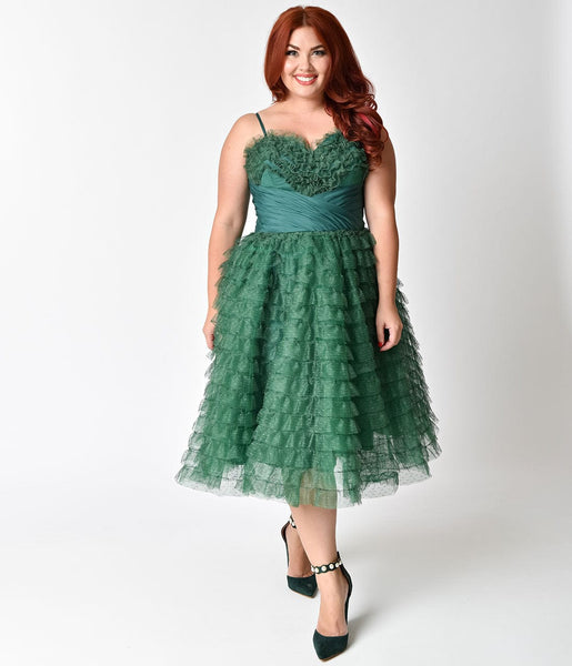 Unique Vintage Plus Size 1950s Emerald Green Ruffled Tulle Sweetheart