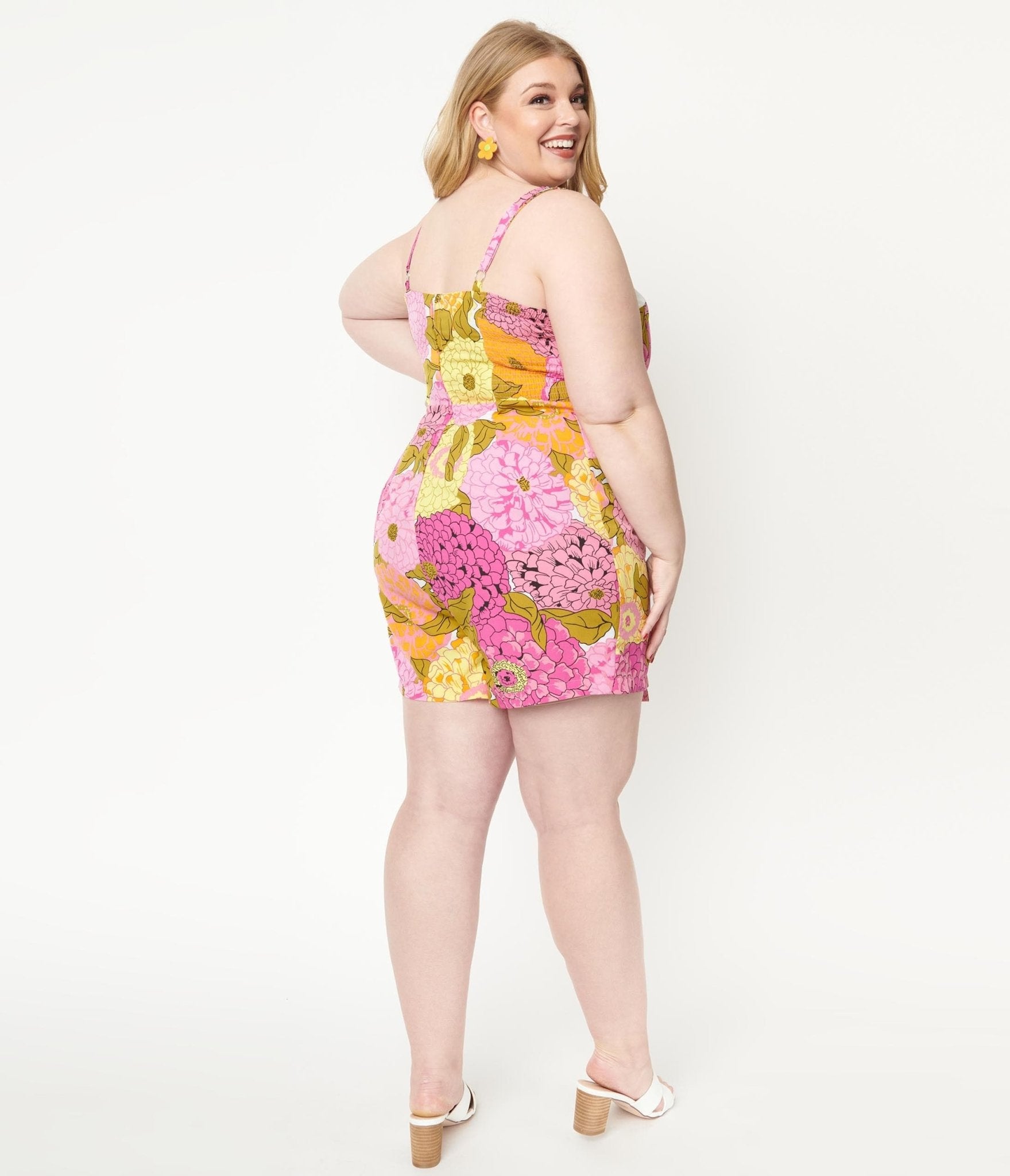 Unique Vintage Plus Size 1950s Pink & Yellow Floral Print Skirted Dolly Romper - Unique Vintage - Womens, BOTTOMS, ROMPERS AND JUMPSUITS