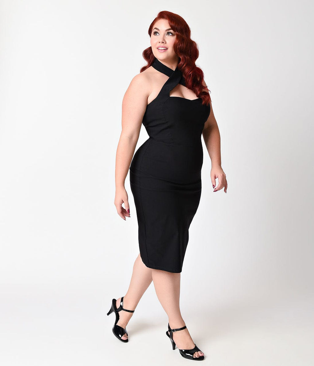 Unique Vintage Plus Size 1960s Black Criss Cross Halter Penelope Wiggl
