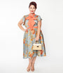 Unique Vintage Plus Size 1940s Antique Blue & Orange Floral Satin Swing Dress
