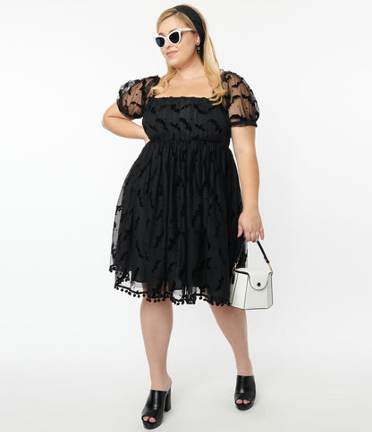 Unique Vintage Plus Size Black Bat Mesh Babydoll Belle Dress - Unique Vintage - Womens, HALLOWEEN, DRESSES