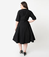 Unique Vintage Plus Size Black Delores Swing Dress with Sleeves