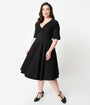 Unique Vintage Plus Size Black Delores Swing Dress with Sleeves