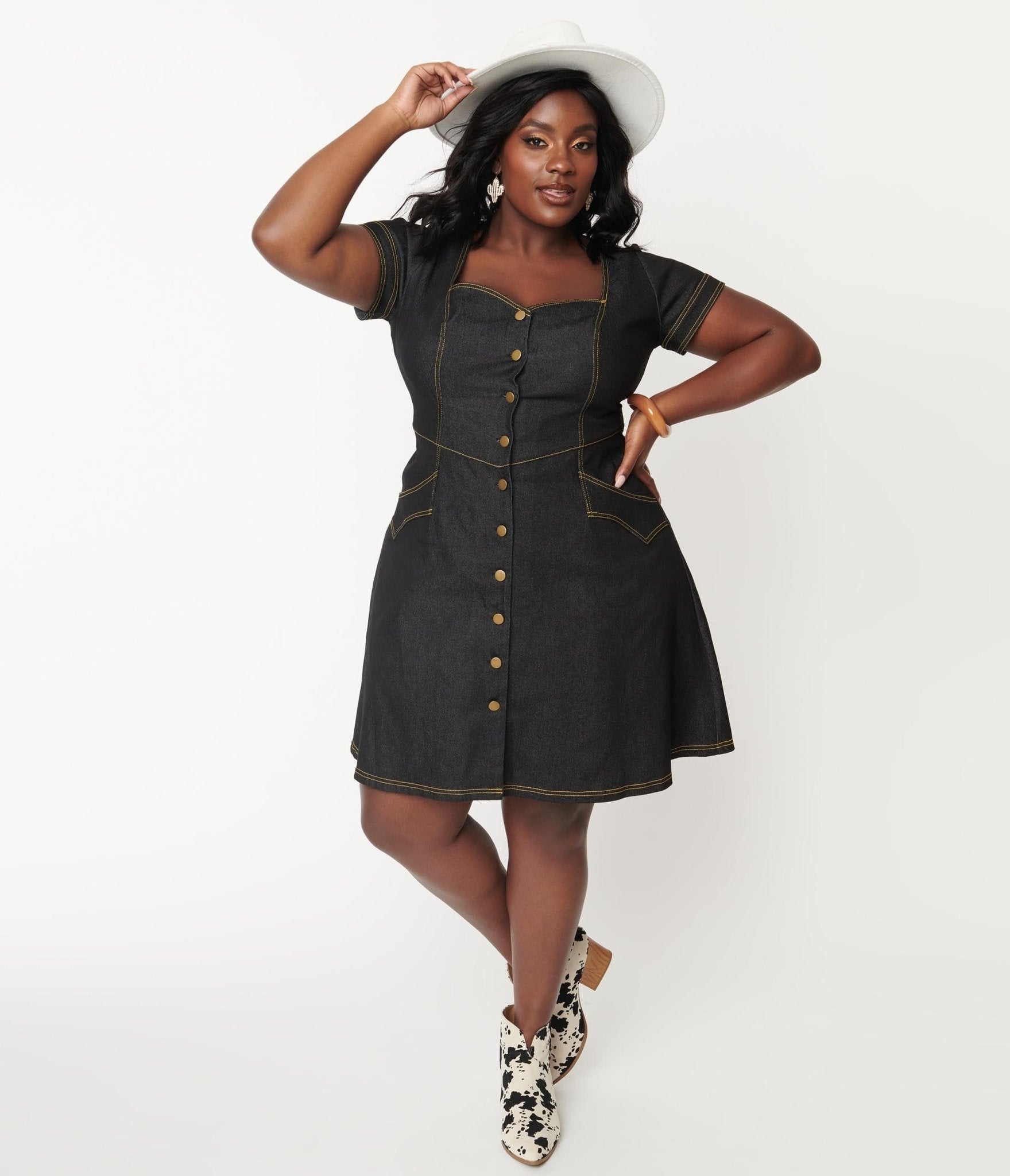 Unique Vintage Plus Size Black Denim Always Happening Fit Flare Dres
