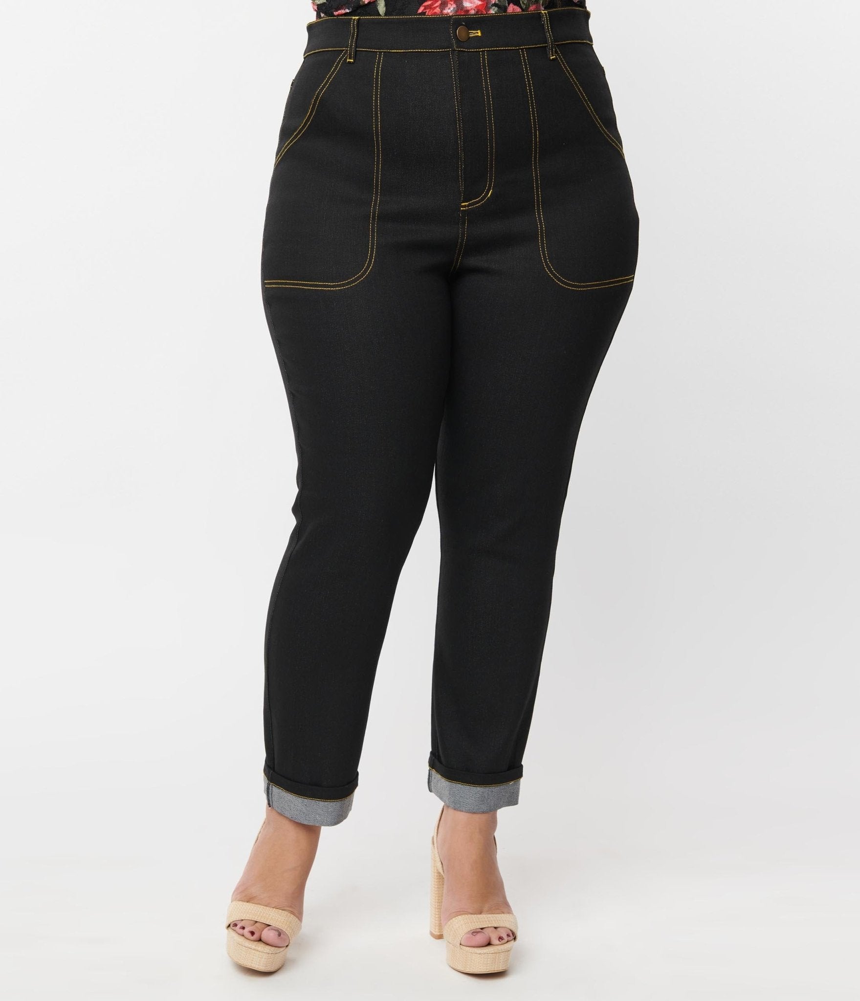 Unique Vintage Plus Size Black Denim Cuffed Jeans - Unique Vintage - Womens, BOTTOMS, CAPRI