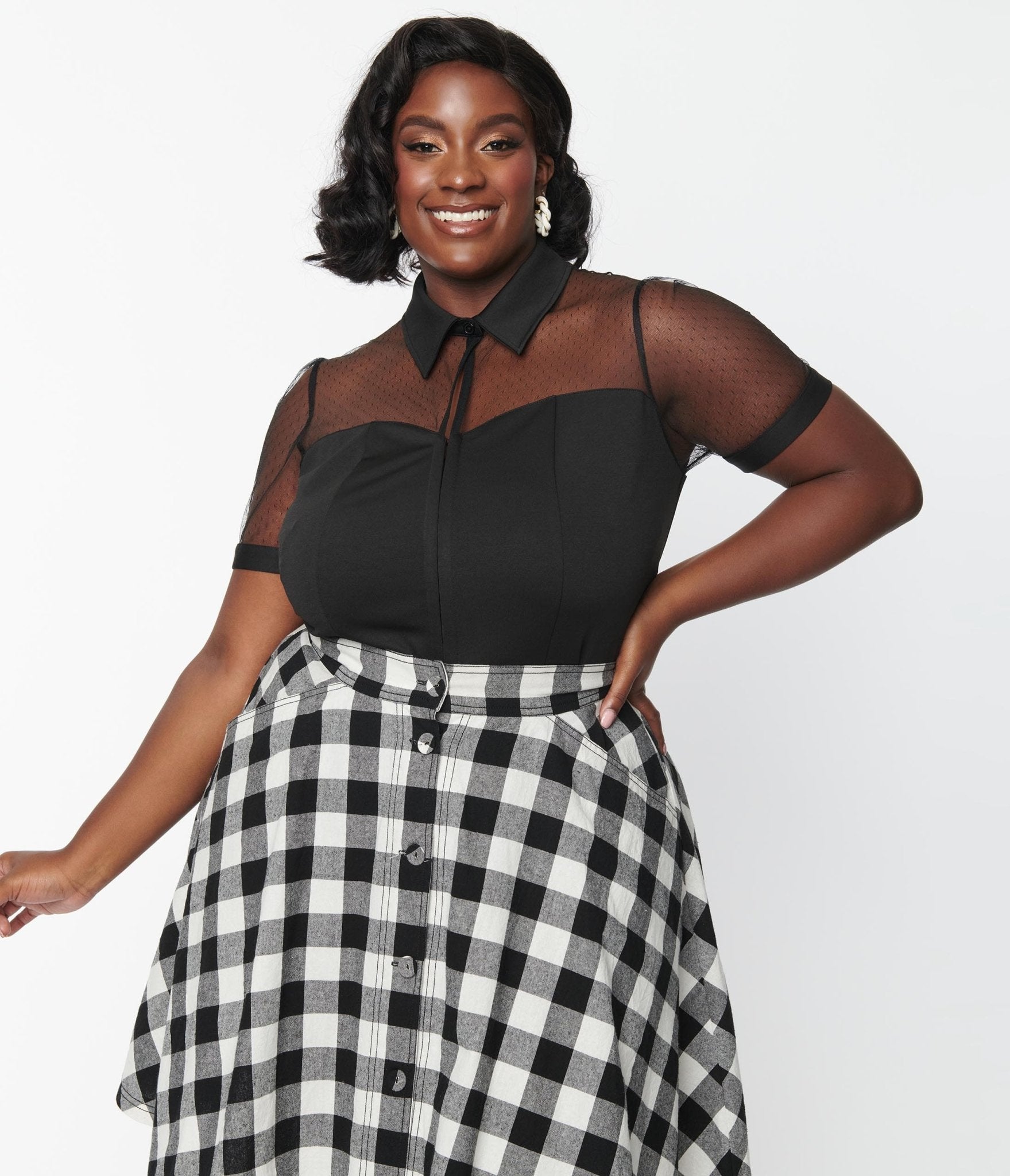Unique Vintage Plus Size Black Dot Mesh Sweetheart Top