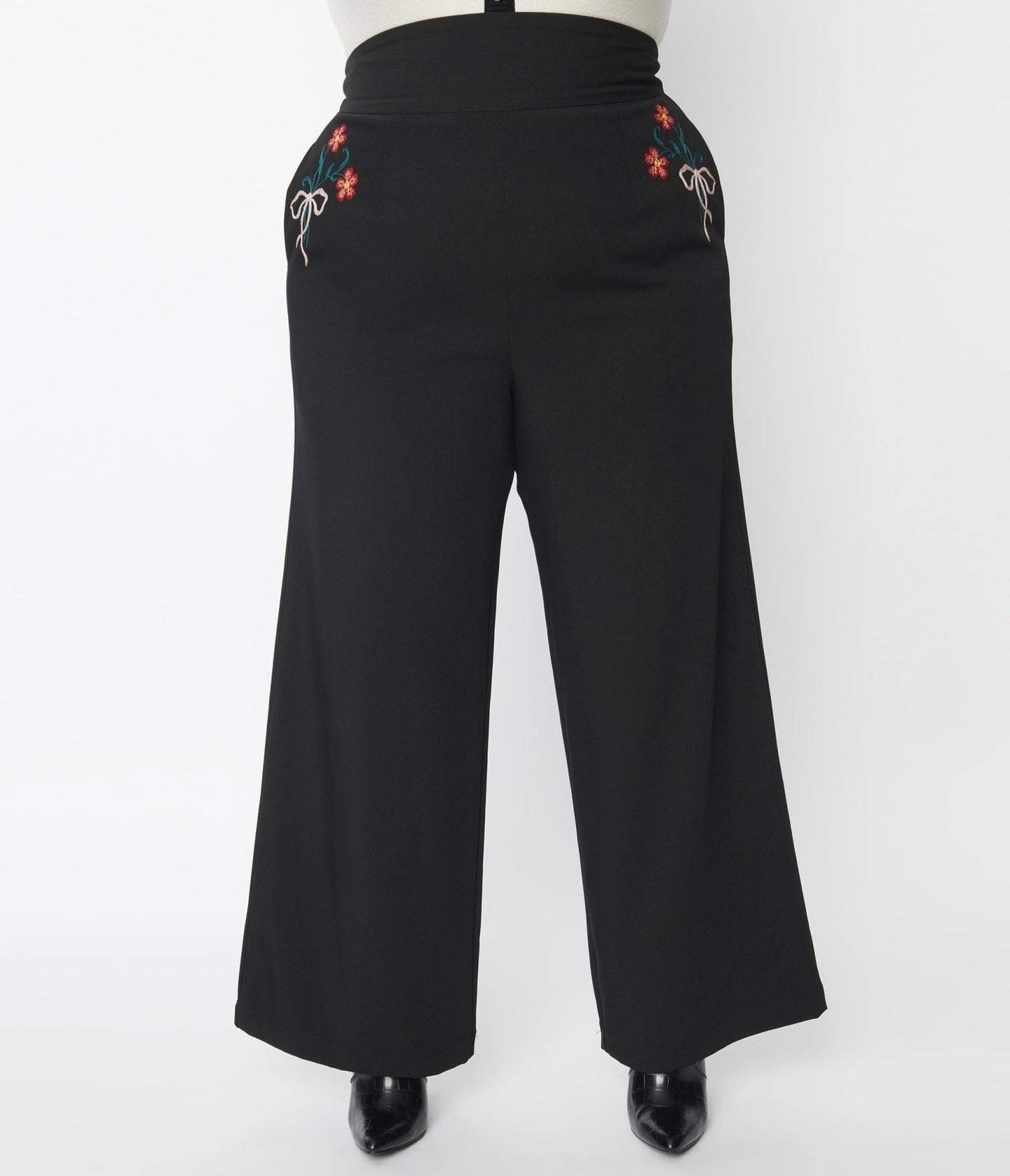 Unique Vintage Plus Size Black & Floral Embroidery High Waist Pants - Unique Vintage - Womens, BOTTOMS, PANTS