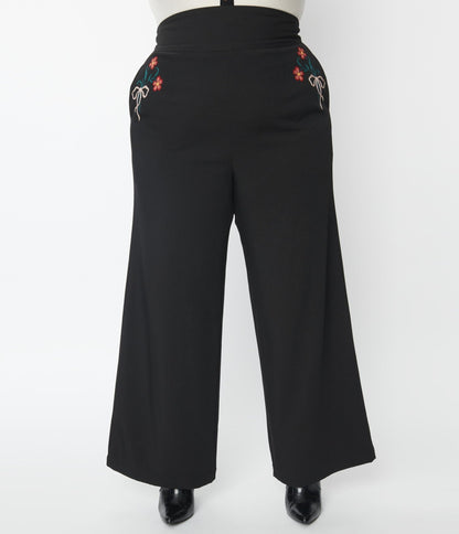 Unique Vintage Plus Size Black & Floral Embroidery High Waist Pants - Unique Vintage - Womens, BOTTOMS, PANTS