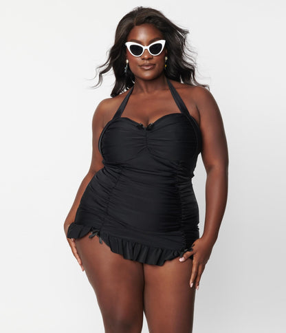 Unique Vintage Plus Size Black Halter Swim Dress - Unique Vintage - Womens, SWIM, 1 PC