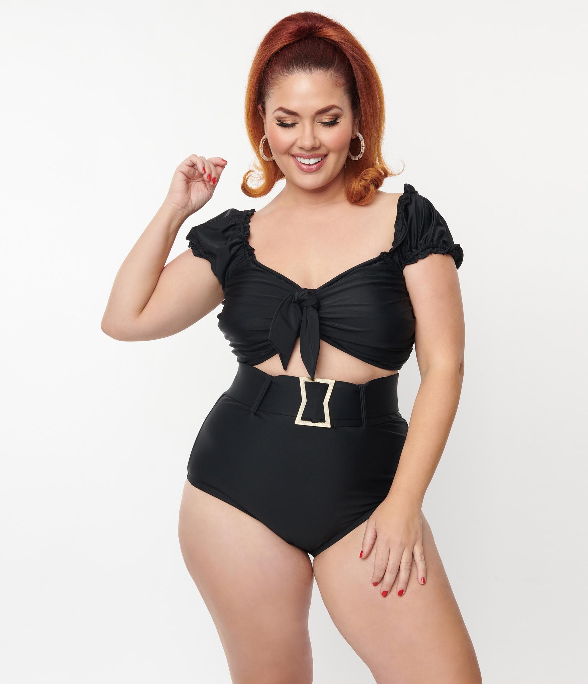 Unique Vintage Plus Size Black High Waist Belted Swim Bottom - Unique Vintage - Womens, SWIM, BOTTOM