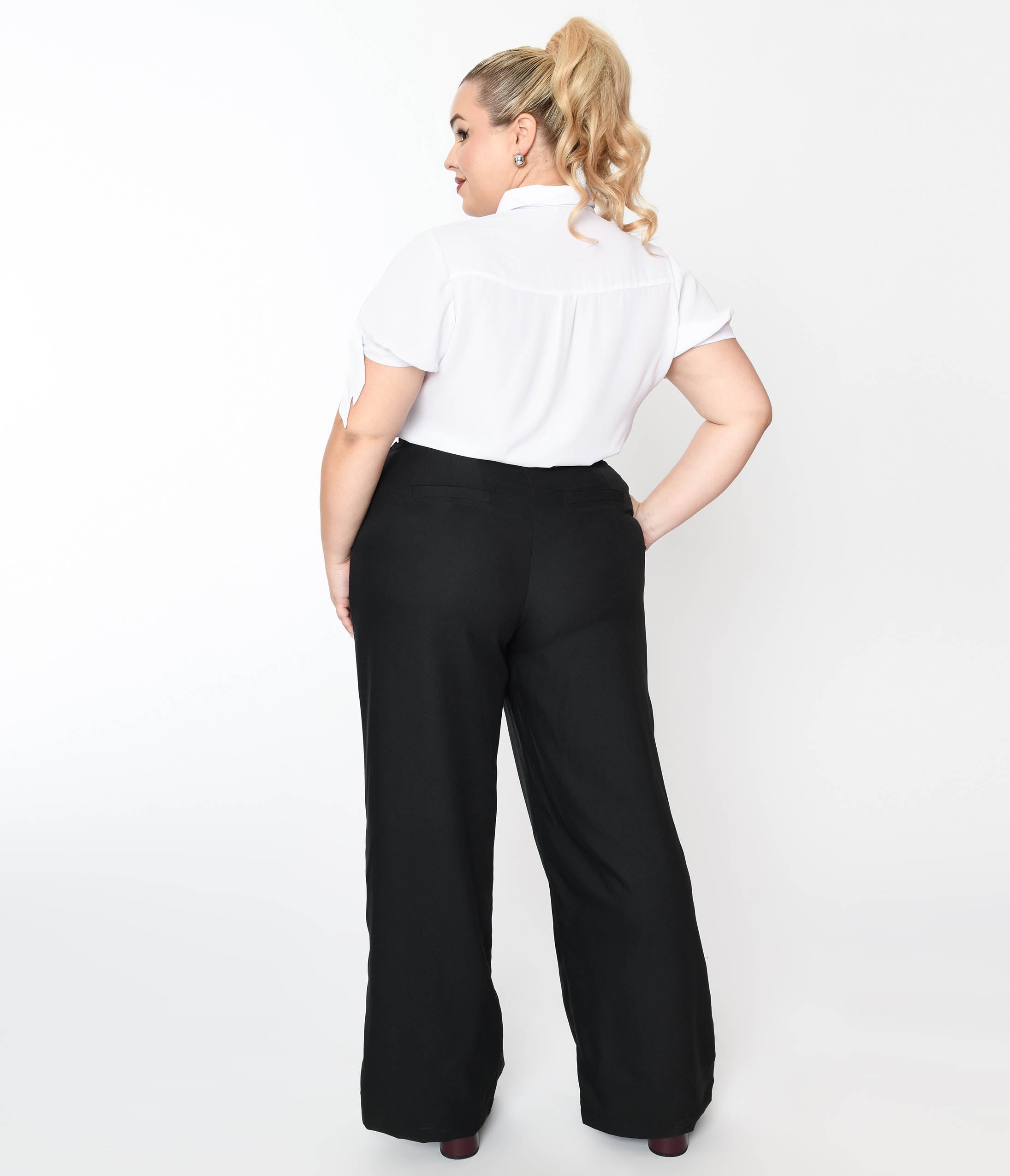 Unique Vintage Plus Size 1940s Black High Waist Wide Leg Tab Pants