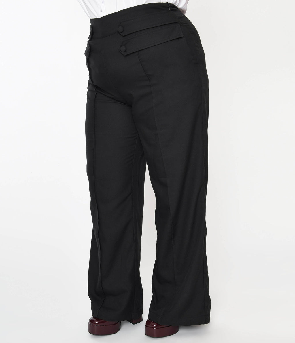Unique Vintage Plus Size Black High Waist Wide Leg Tab Pants - Unique Vintage - Womens, BOTTOMS, PANTS