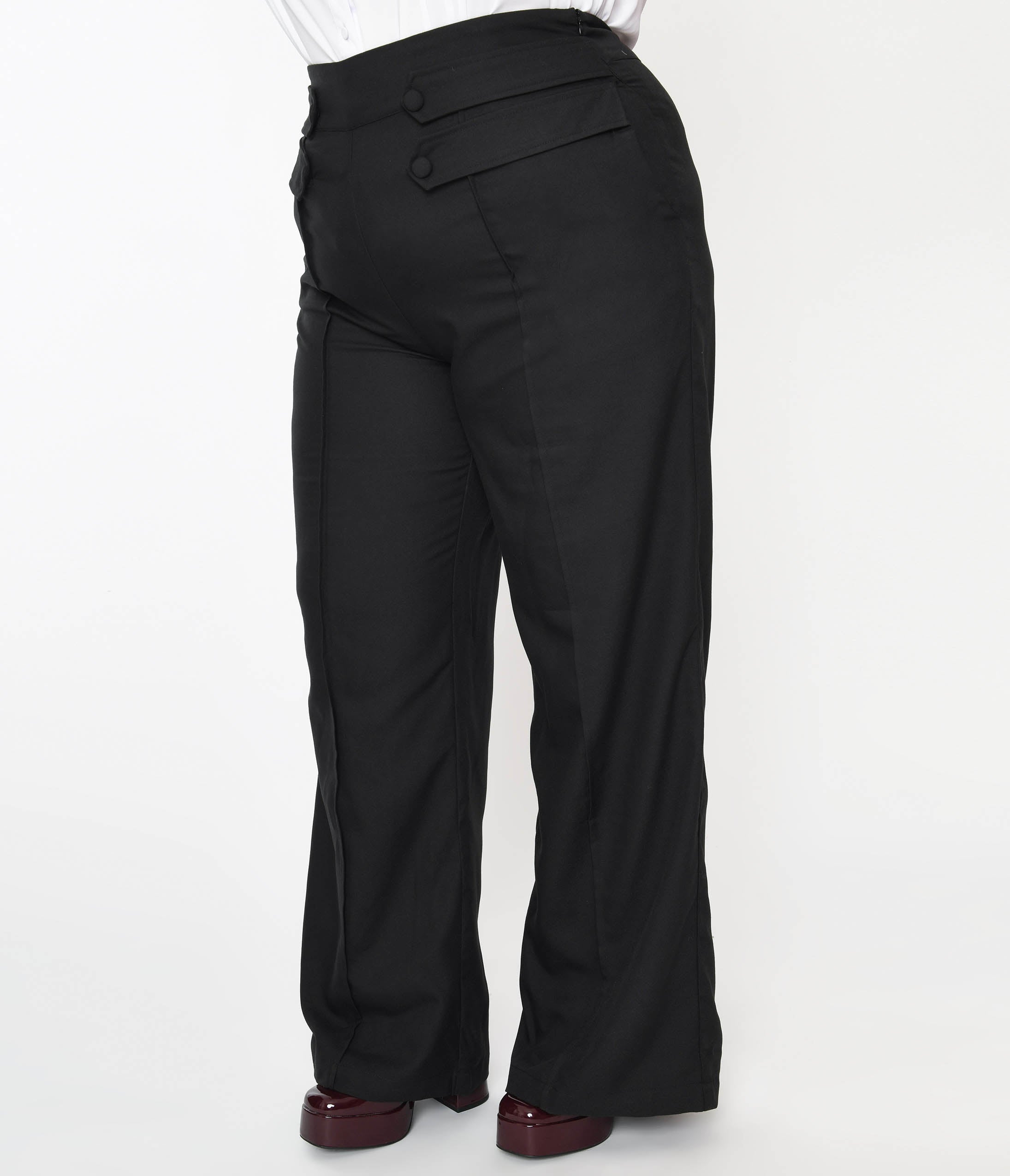 Unique Vintage Plus Size Black High Waist Wide Leg Tab Pants - Unique Vintage - Womens, BOTTOMS, PANTS