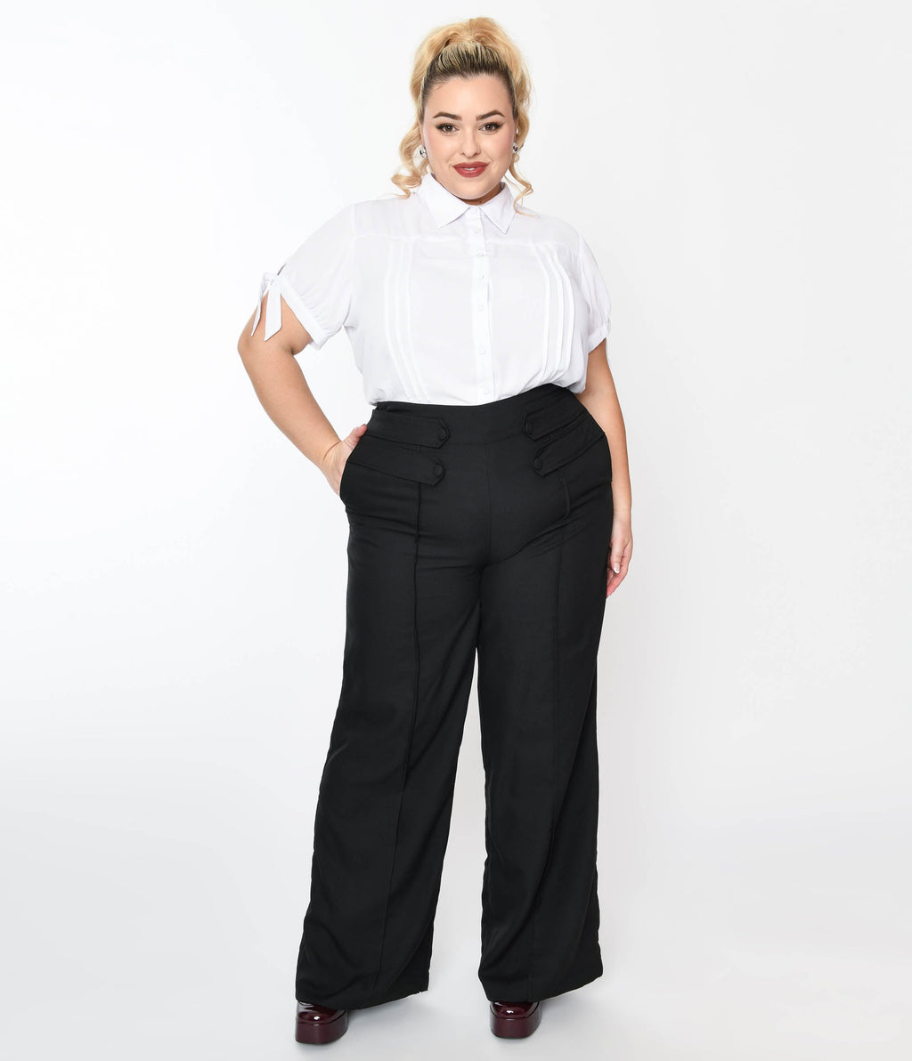 Unique Vintage Plus Size Black High Waist Wide Leg Tab Pants - Unique Vintage - Womens, BOTTOMS, PANTS
