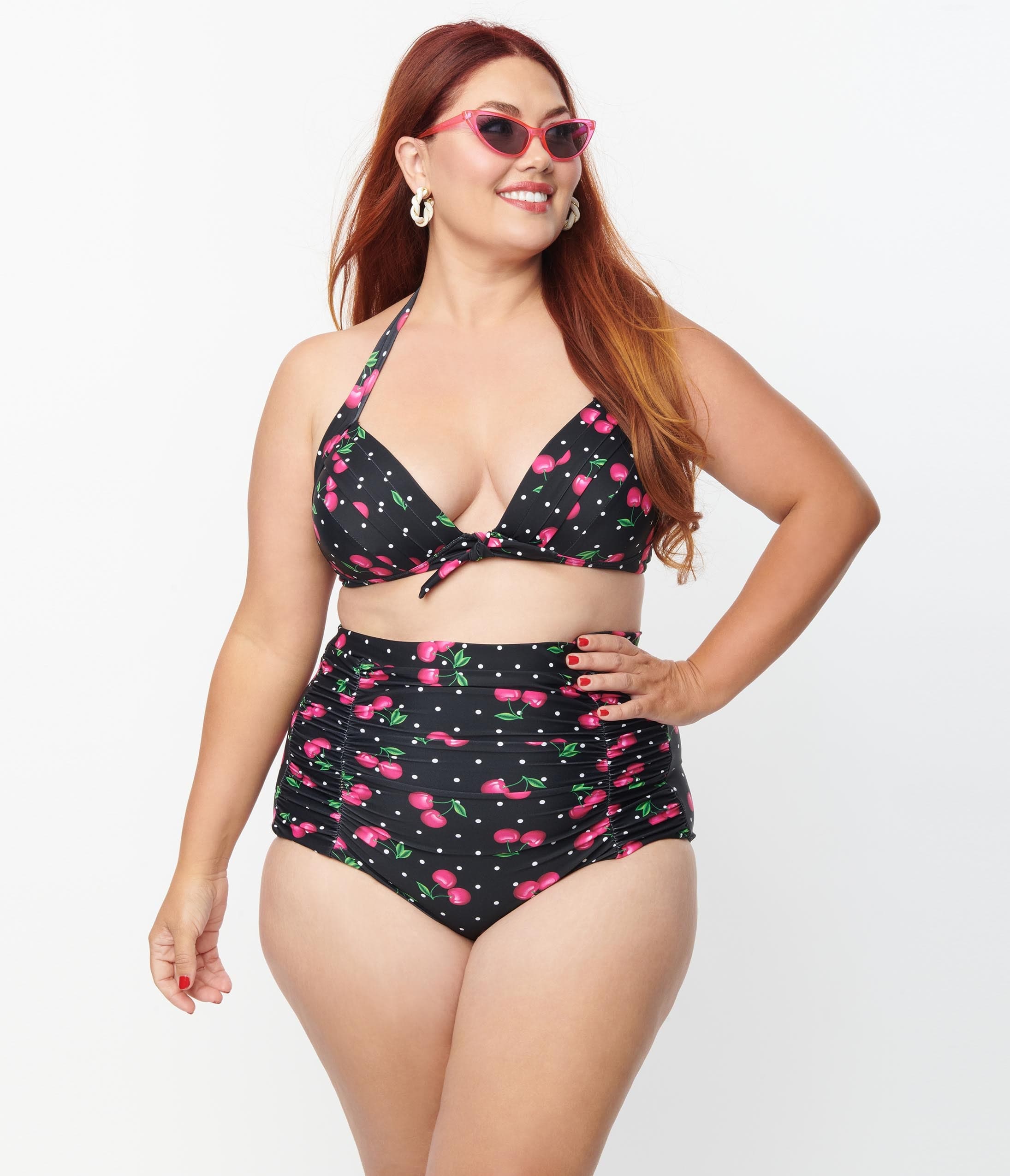 Unique Vintage Plus Size Black Hot Pink Cherry Pin Dot Monroe Swim T