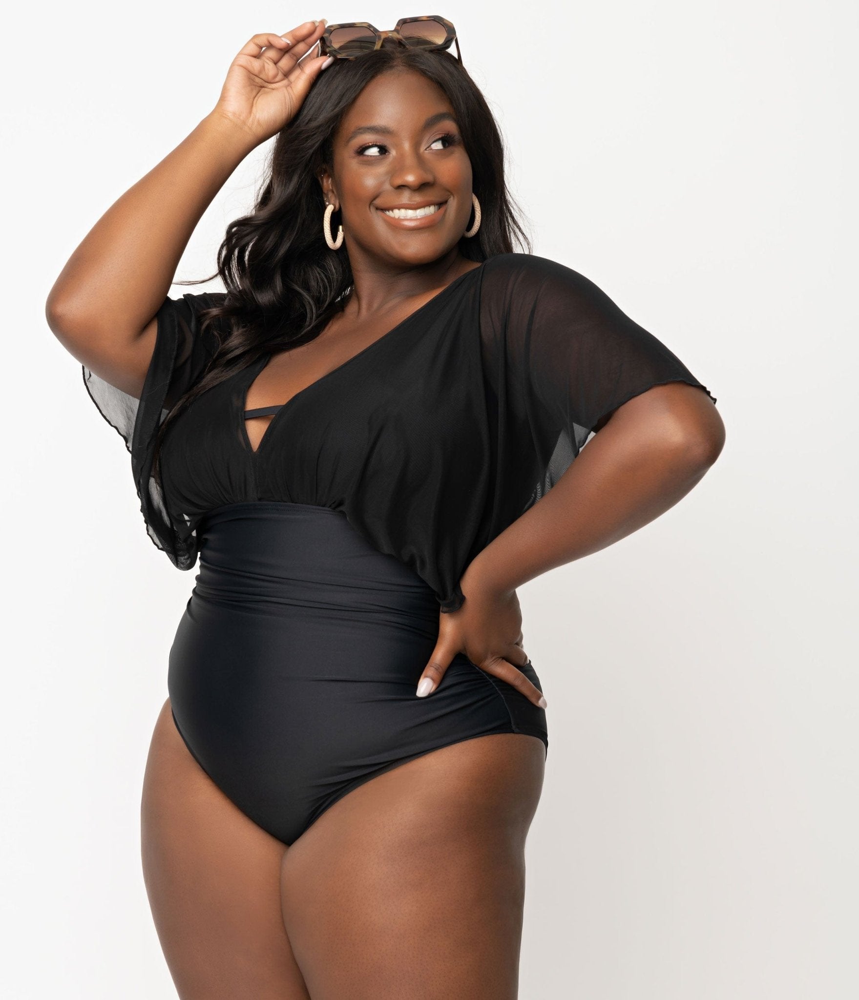 Unique Vintage Plus Size Black Mesh Sleeved Torrey Swimsuit