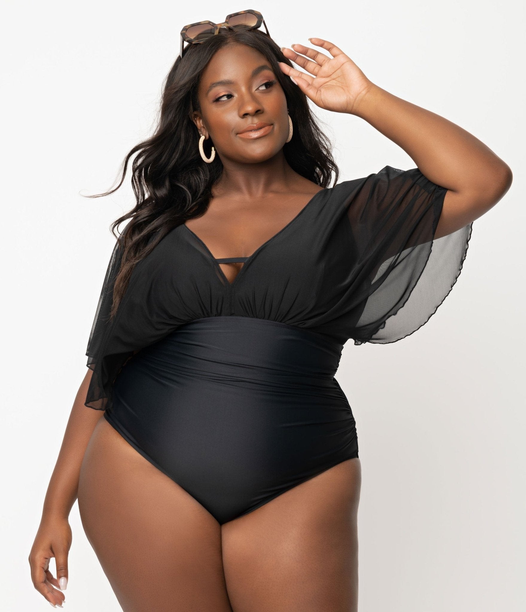 Unique Vintage Plus Size Black Mesh Sleeved Torrey Swimsuit - Unique Vintage - Womens, SWIM, 1 PC