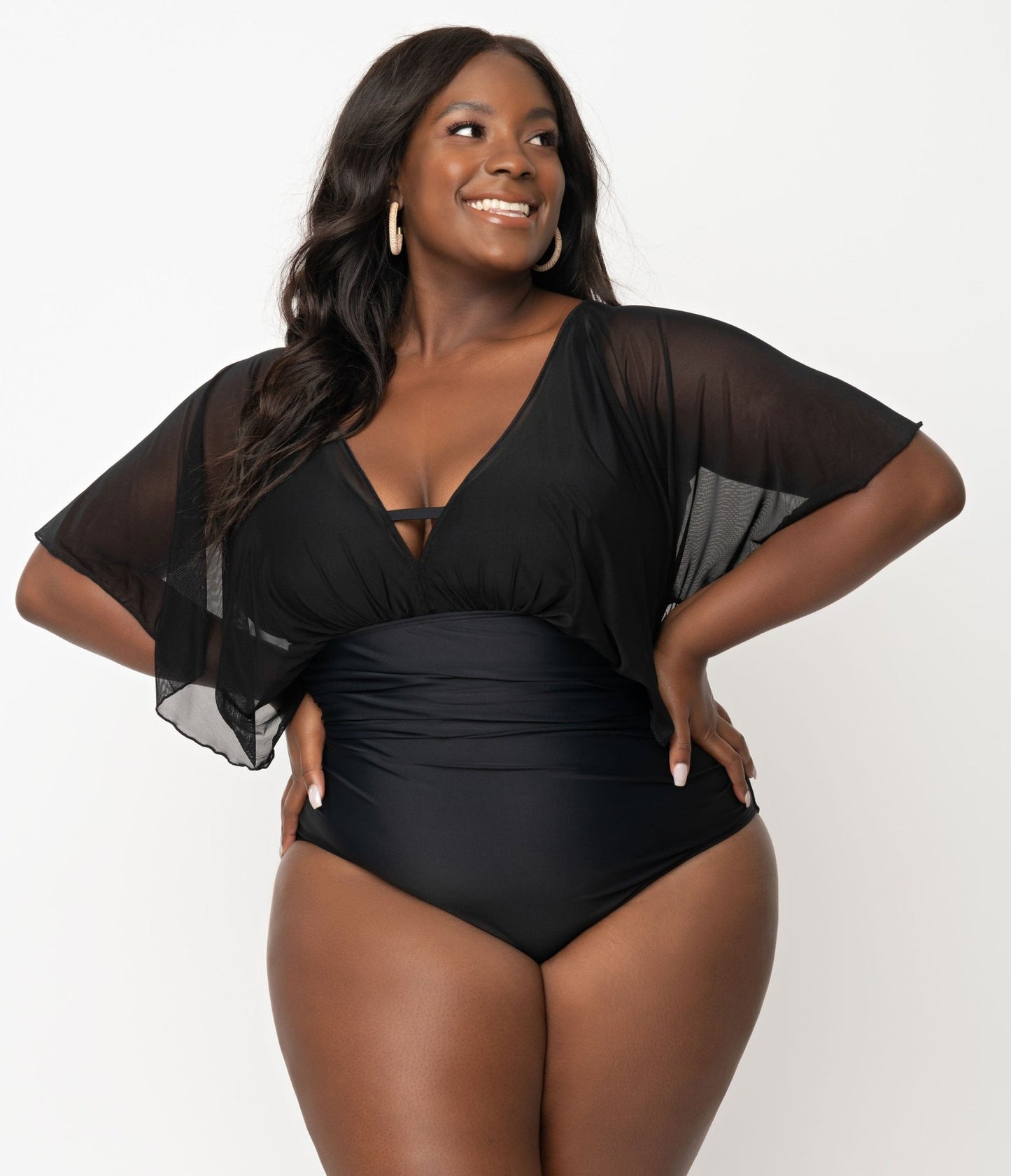 Unique Vintage Plus Size Black Mesh Sleeved Torrey Swimsuit - Unique Vintage - Womens, SWIM, 1 PC