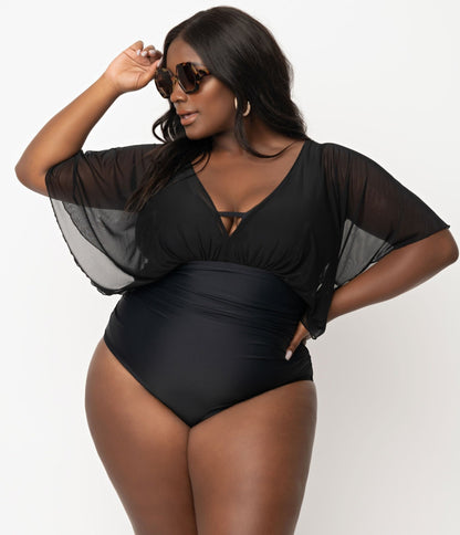 Unique Vintage Plus Size Black Mesh Sleeved Torrey Swimsuit - Unique Vintage - Womens, SWIM, 1 PC