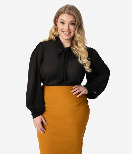 Unique Vintage Plus Size 1940s Black Neck Tie Gwen Blouse