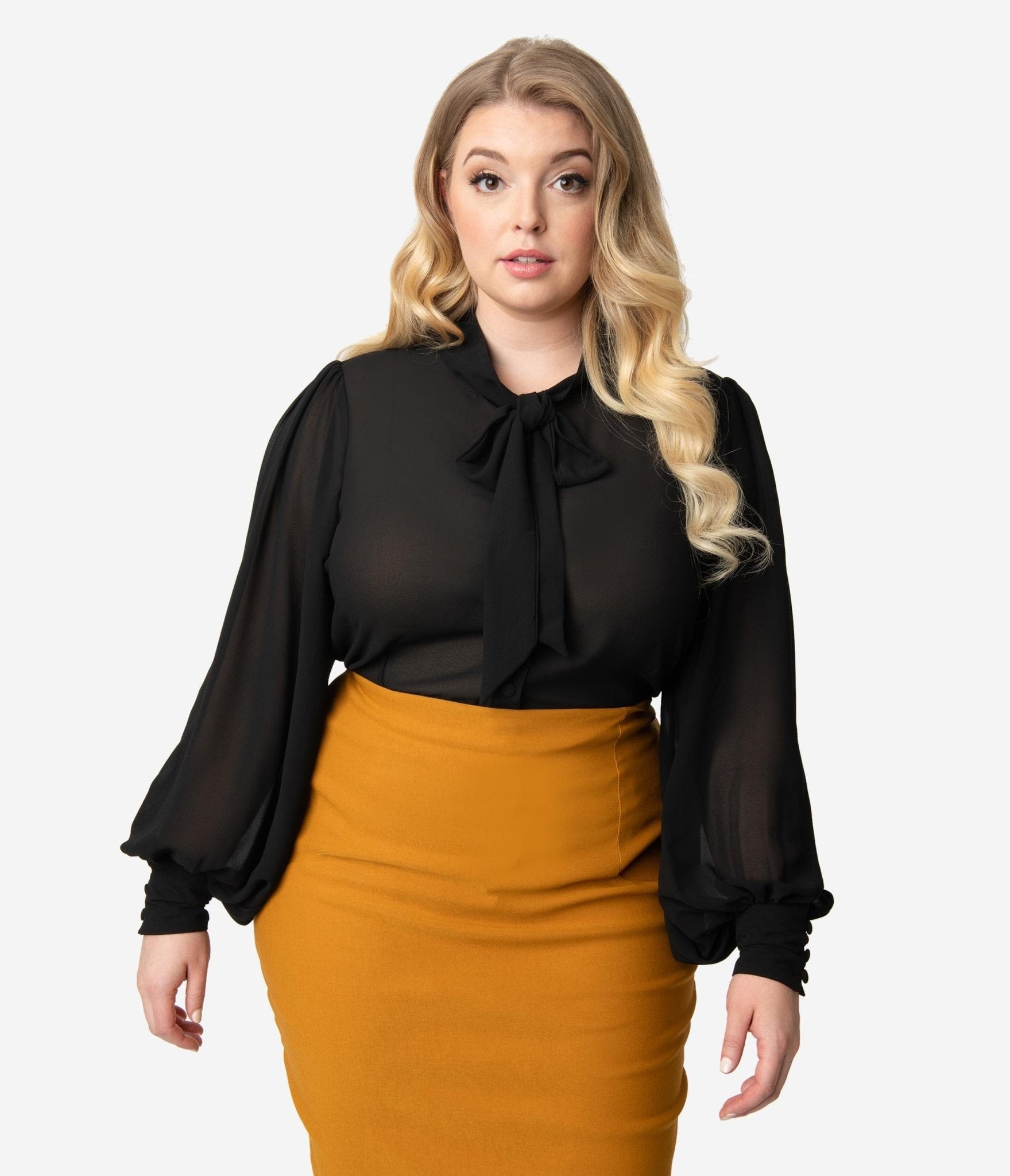 Unique Vintage Plus Size 1940s Black Neck Tie Gwen Blouse