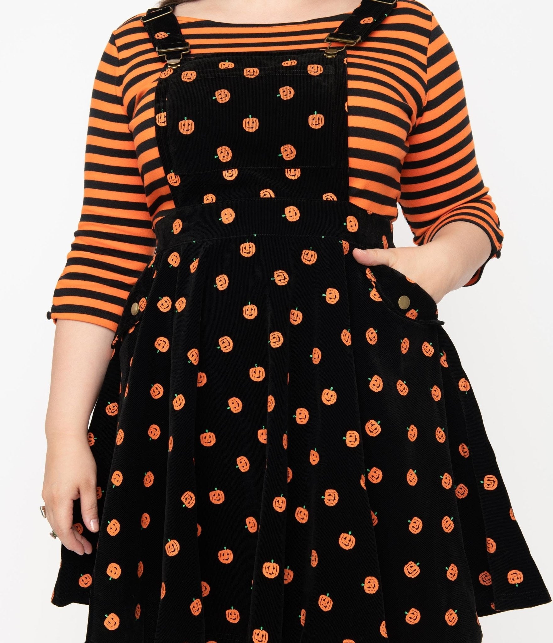 Unique Vintage Plus Size Black & Orange Pumpkin Patch Corduroy Brionne Pinafore Skirt - Unique Vintage - Womens, HALLOWEEN, BOTTOMS