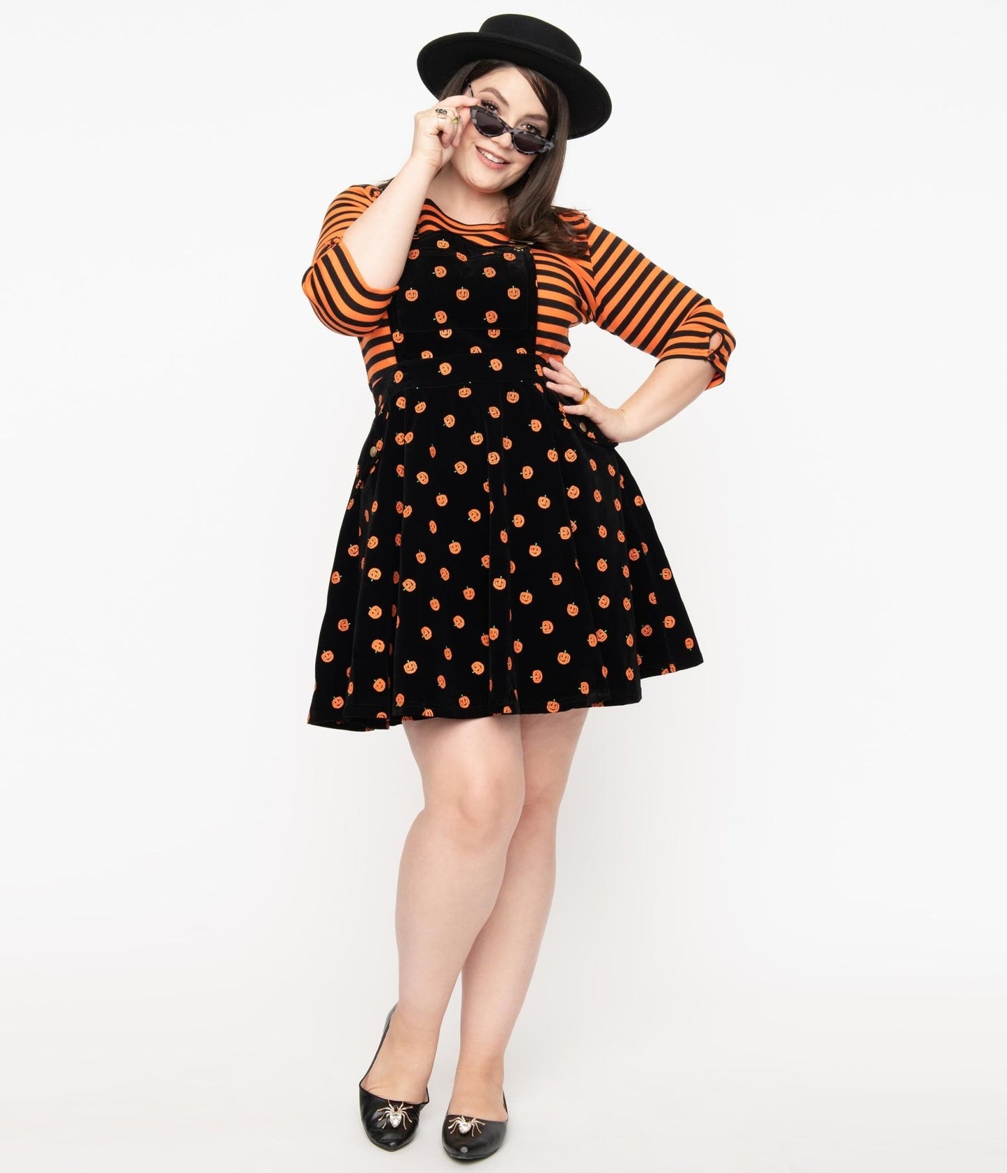 Unique Vintage Plus Size Black & Orange Pumpkin Patch Corduroy Brionne Pinafore Skirt - Unique Vintage - Womens, HALLOWEEN, BOTTOMS