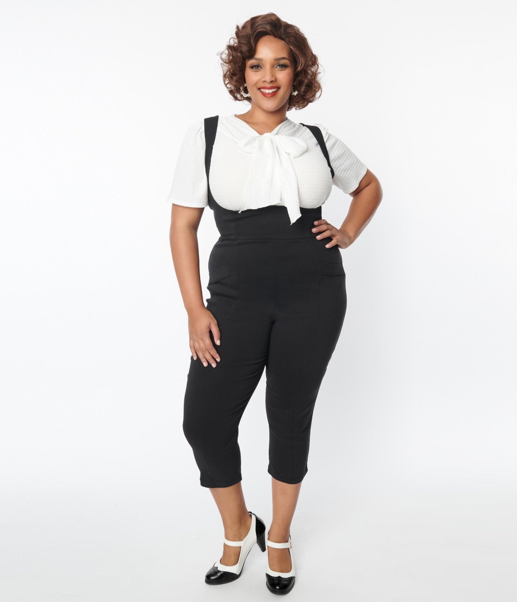 Unique Vintage Plus Size Black Pinafore Capris - Unique Vintage - Womens, BOTTOMS, ROMPERS AND JUMPSUITS