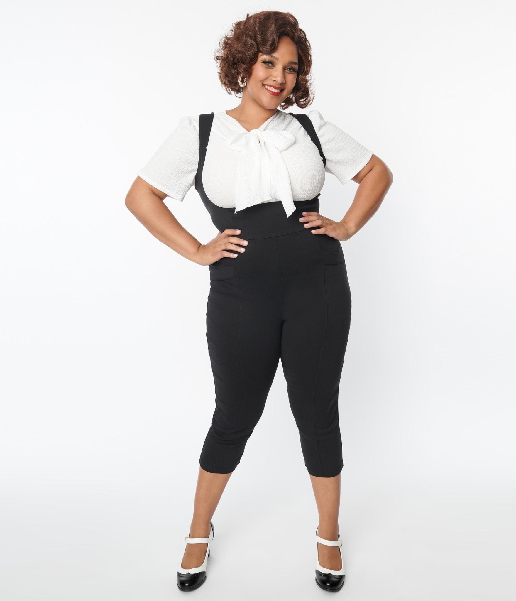 Unique Vintage Plus Size Black Pinafore Capris - Unique Vintage - Womens, BOTTOMS, ROMPERS AND JUMPSUITS