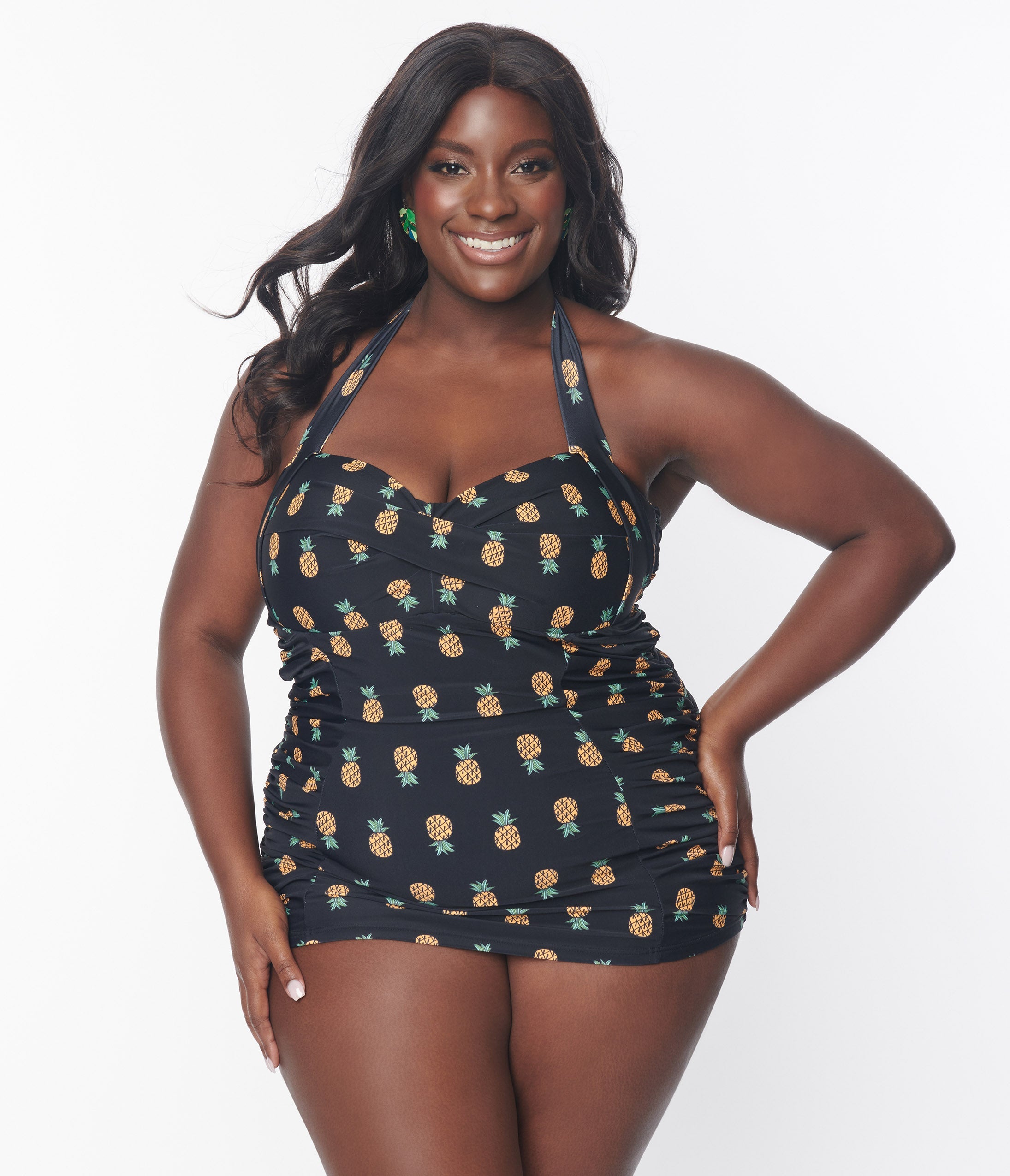 Unique Vintage Plus Size Black Pineapple Print Corinne Sheath Swimsuit