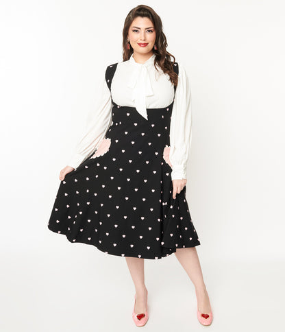 Unique Vintage Plus Size Black & Pink Heart Amma Suspender Swing Skirt - Unique Vintage - Womens, BOTTOMS, SKIRTS