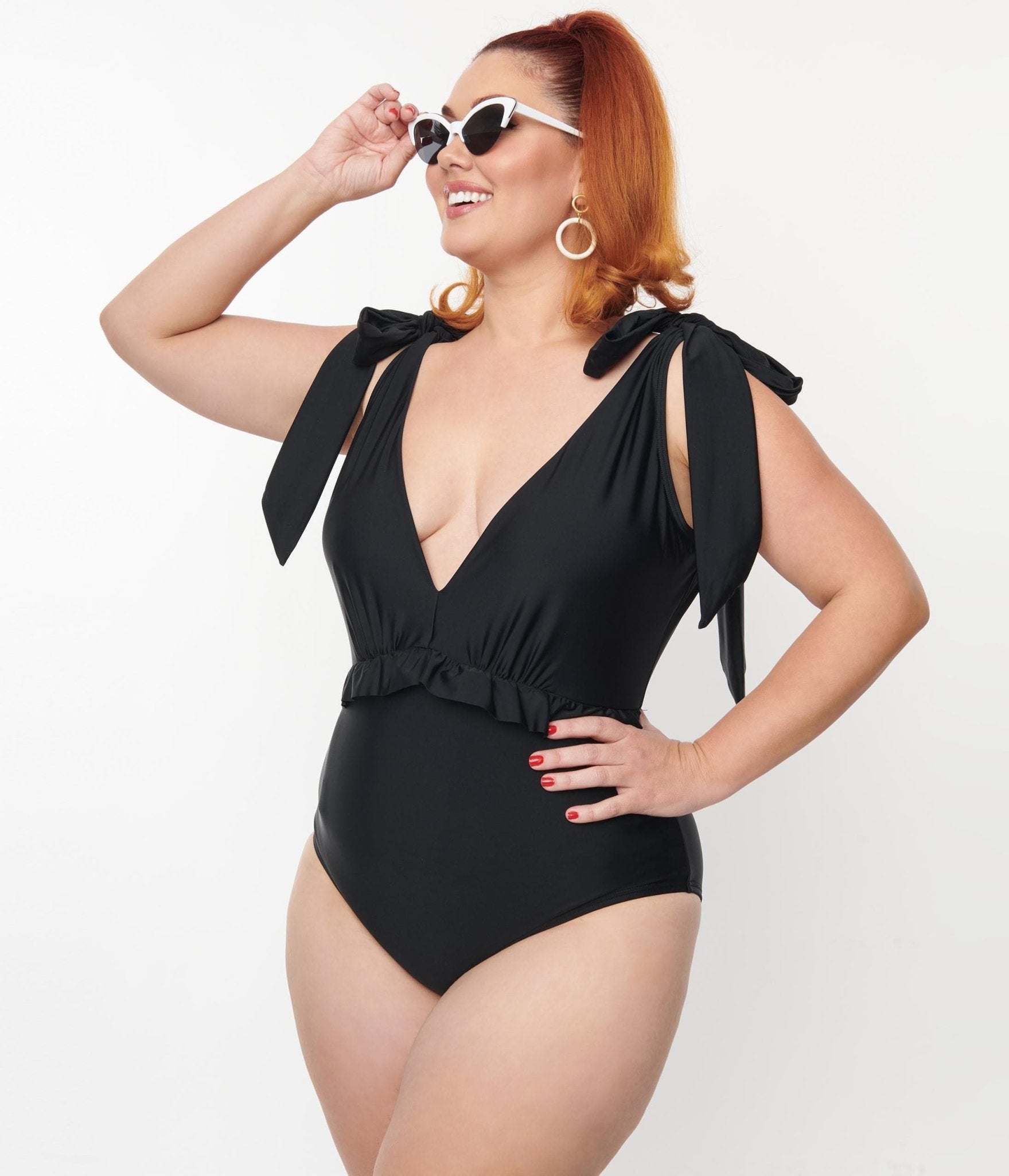 Unique Vintage Plus Size Black Plunge One Piece Swimsuit - Unique Vintage - Womens, SWIM, 1 PC