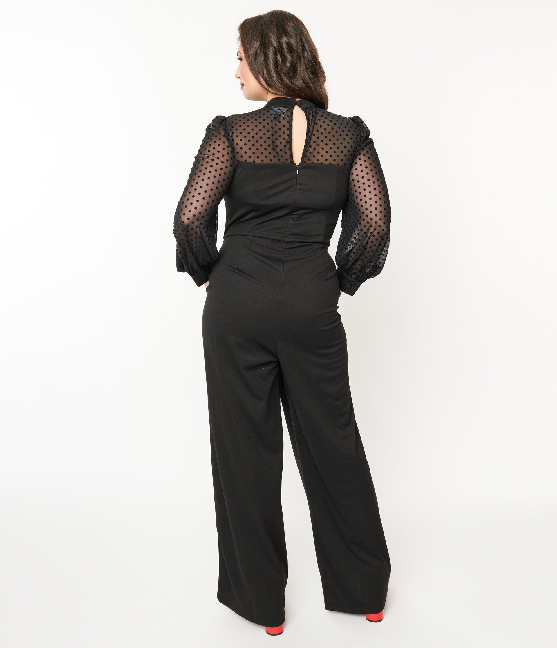 Unique Vintage Plus Size Black & Polka Dot Long Sleeve Jumpsuit - Unique Vintage - Womens, BOTTOMS, ROMPERS AND JUMPSUITS