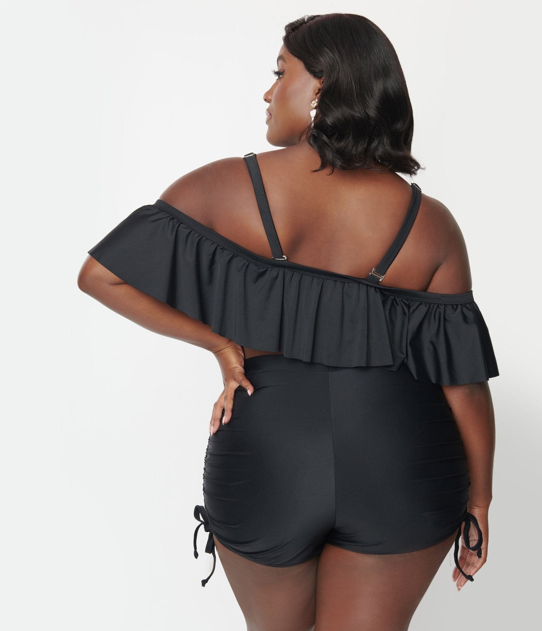 Unique Vintage Plus Size Black Pull Tie Swim Shorts