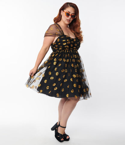 Unique Vintage Plus Size Black & Pumpkin Print Babydoll Dress - Unique Vintage - Womens, HALLOWEEN, DRESSES