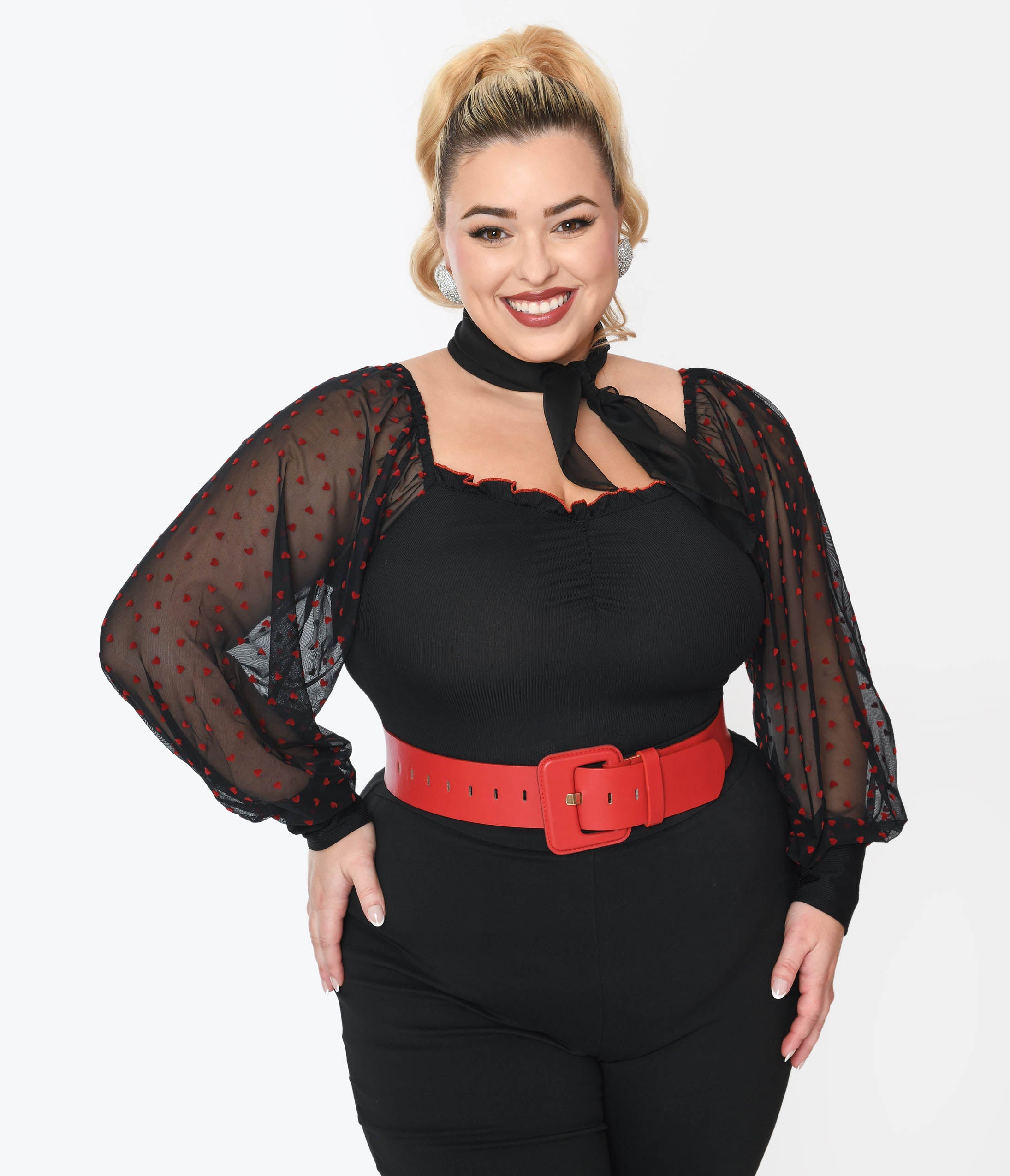 Unique Vintage Plus Size Black Red Flocked Hearts Sleeve Bodysuit