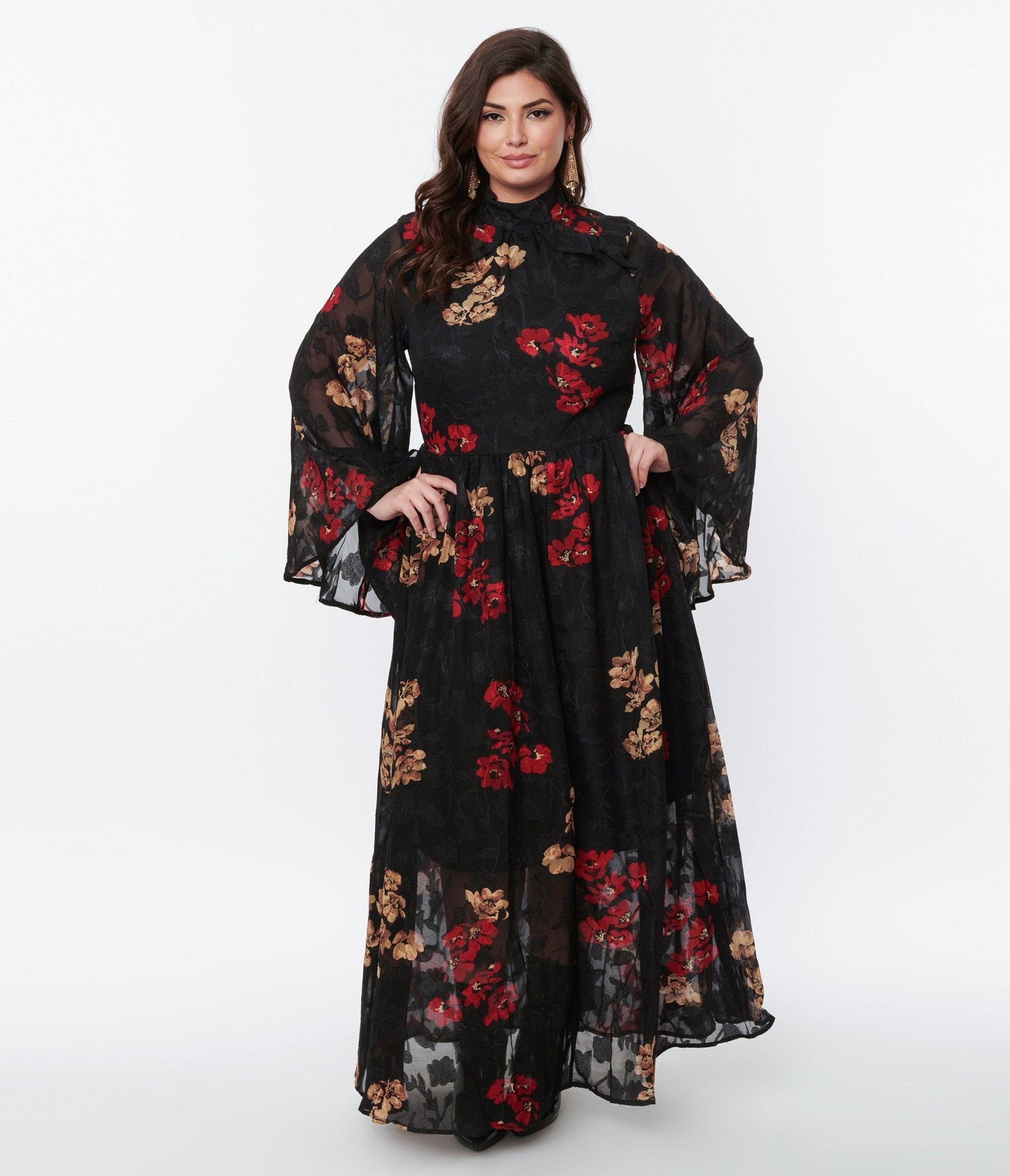 Unique Vintage Plus Size 1970s Black Red Gold Floral Bell Sleeve Max