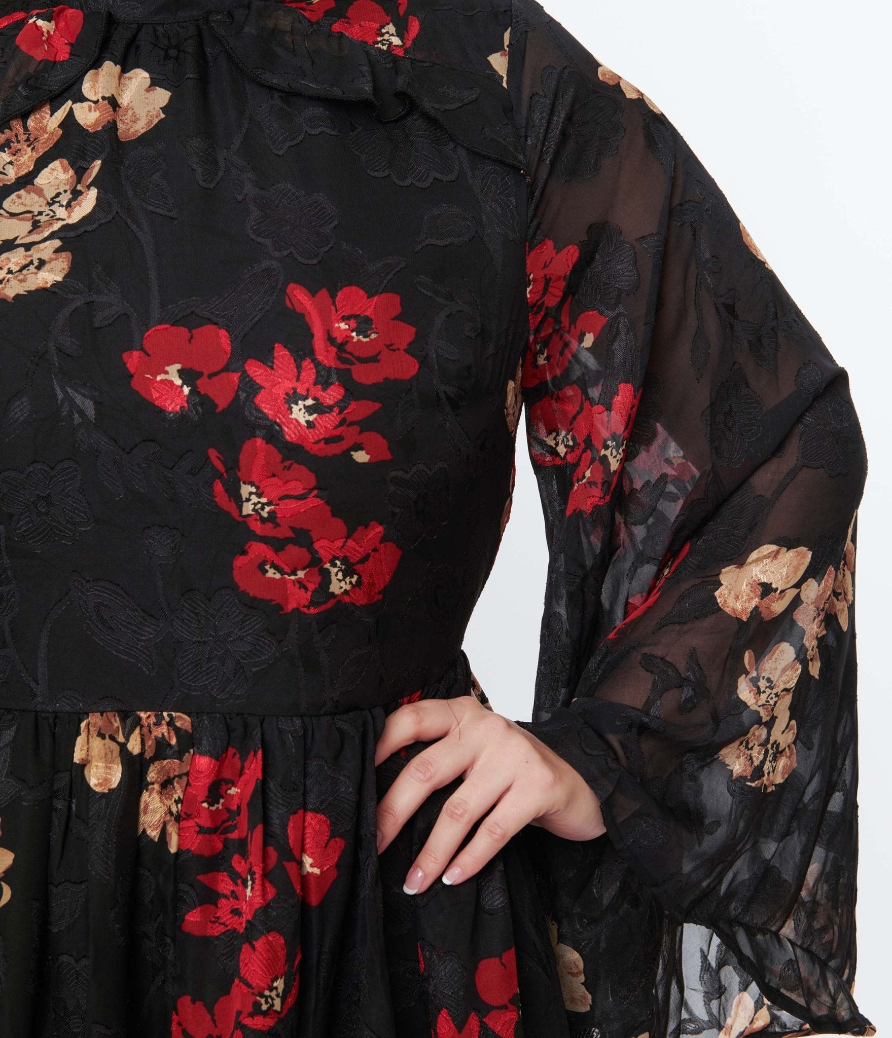 Unique Vintage Plus Size Black Red & Gold Floral Bell Sleeve Maxi Dress - Unique Vintage - Womens, DRESSES, MAXI