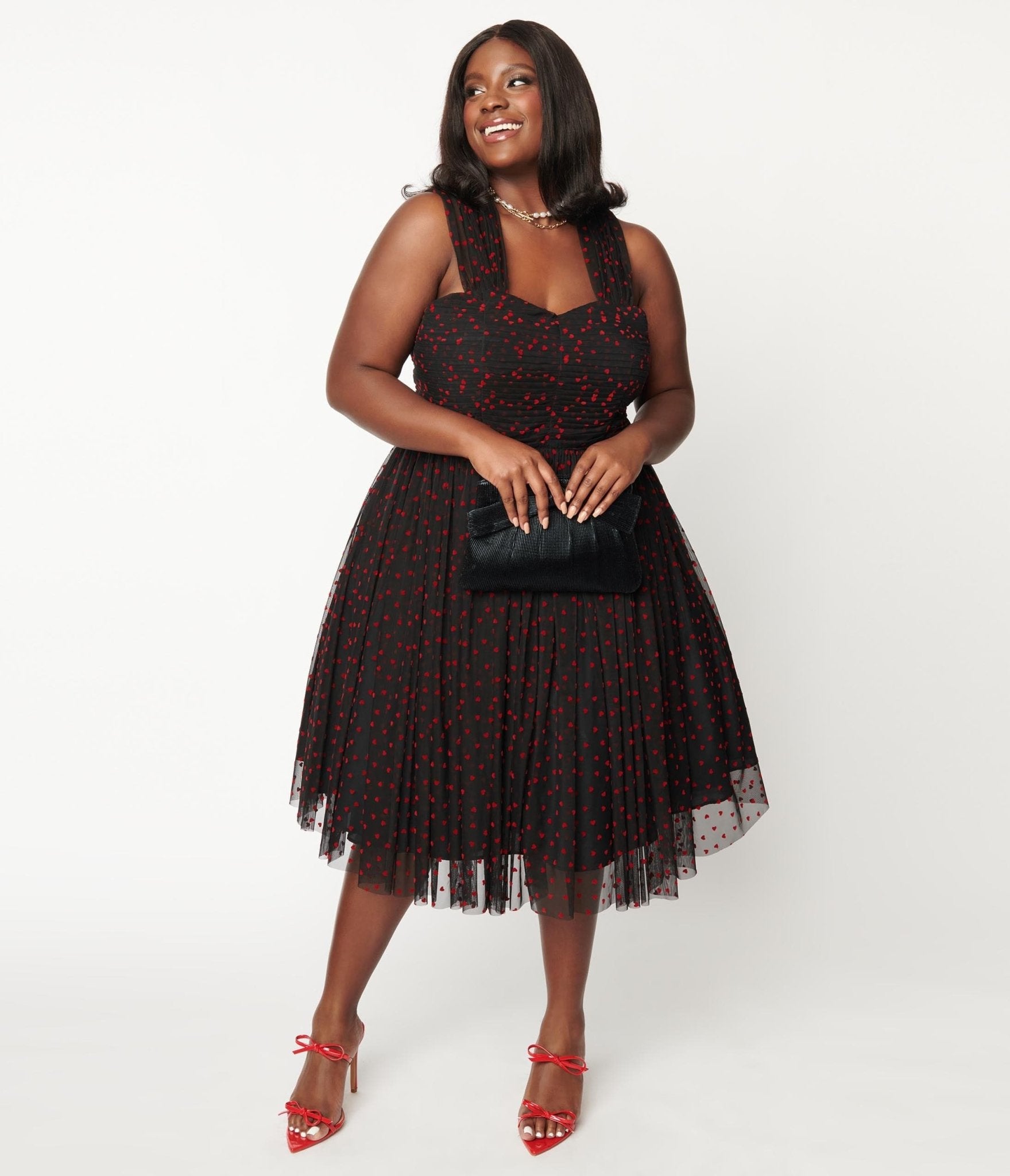 Unique Vintage Plus Size Black Red Hearts Garden State Swing Dress