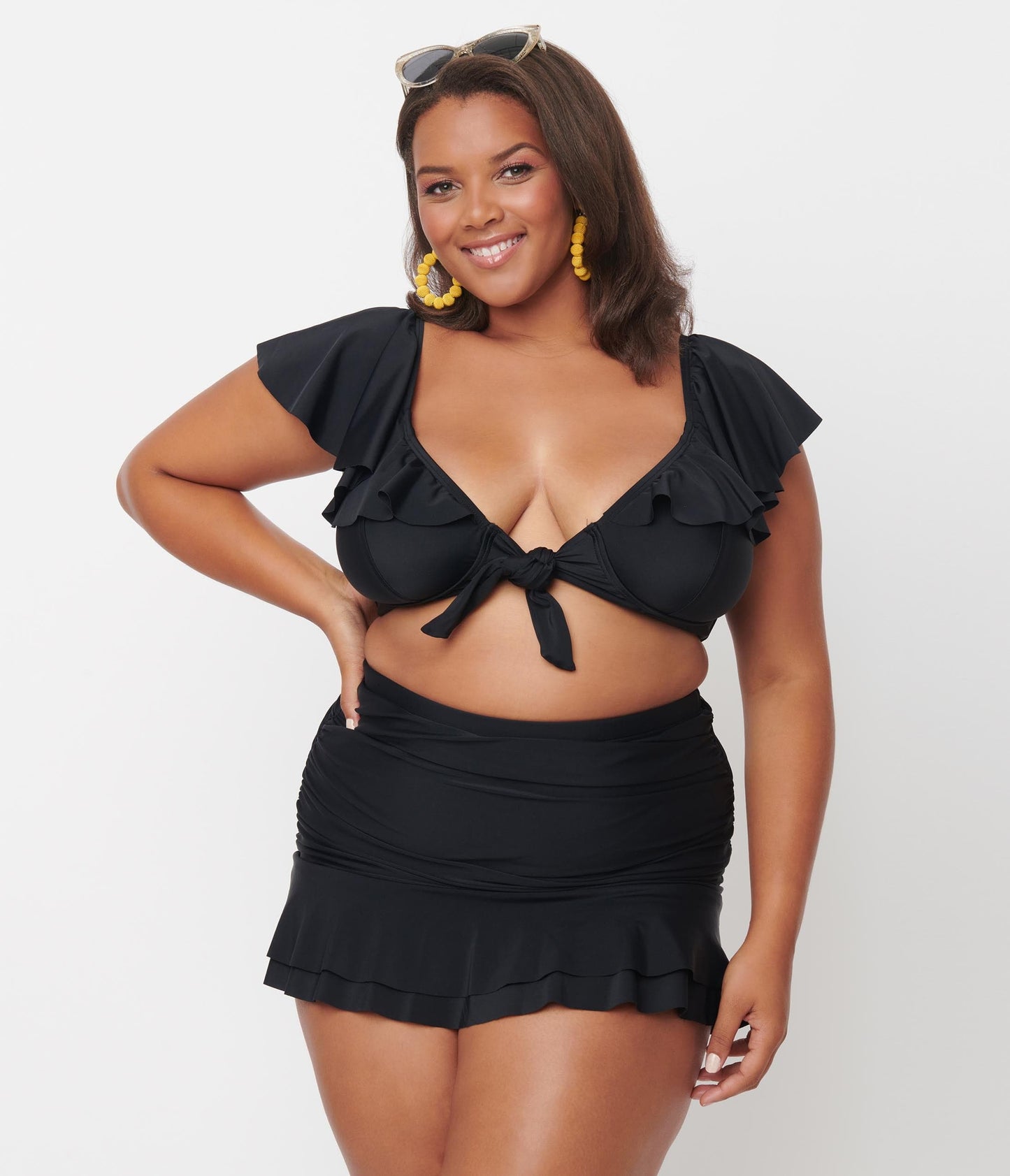 Unique Vintage Plus Size Black Ruffled Cap Sleeve Frida Swim Top - Unique Vintage - Womens, SWIM, TOP