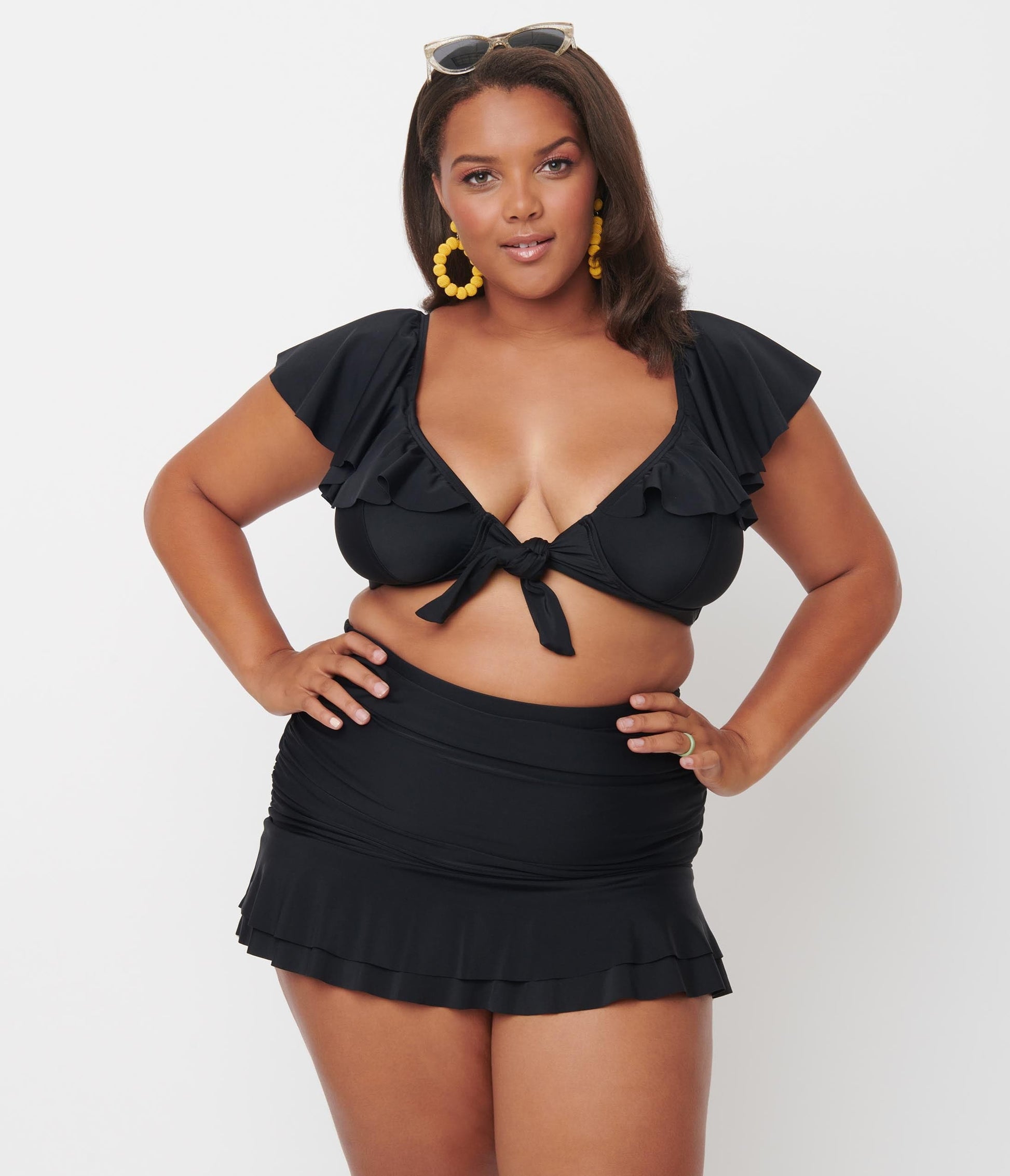 Unique Vintage Plus Size Black Ruffled Cap Sleeve Frida Swim Top - Unique Vintage - Womens, SWIM, TOP
