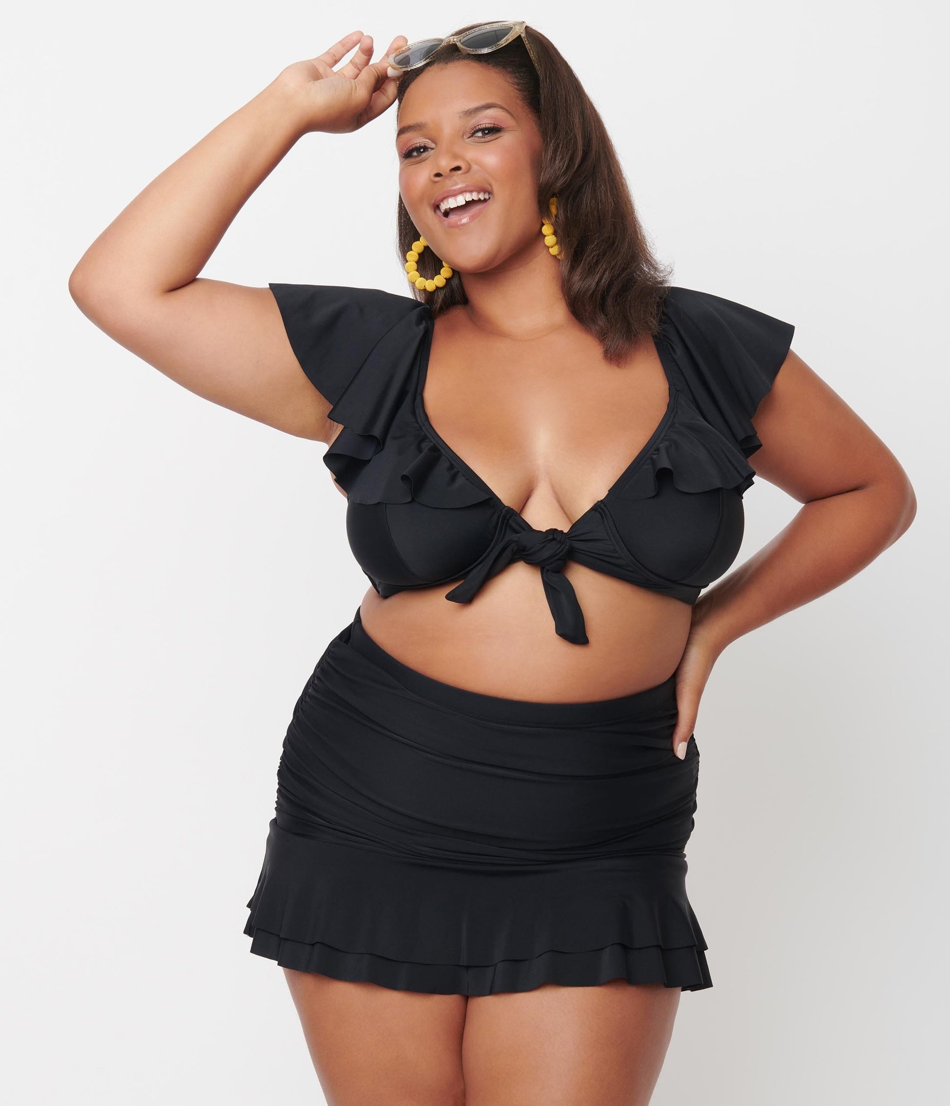 Unique Vintage Plus Size Black Ruffled Cap Sleeve Frida Swim Top - Unique Vintage - Womens, SWIM, TOP